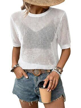 Women White Summer Short Hollow Out Floral Sweaters Beach Vacation Cruise Tops
